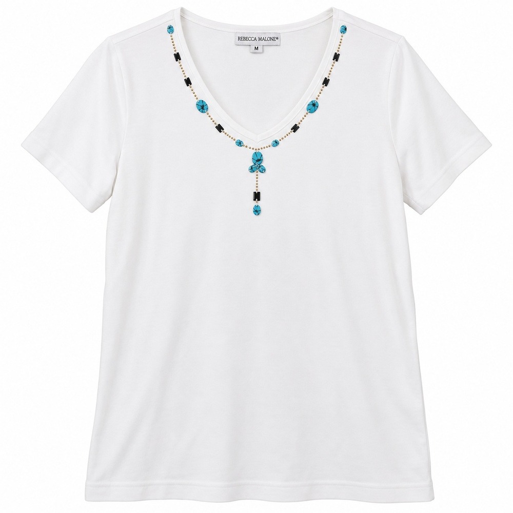 Rebecca Malone V-Neck Tee Womens Medium White Turquoise Beaded Good Boho Casual